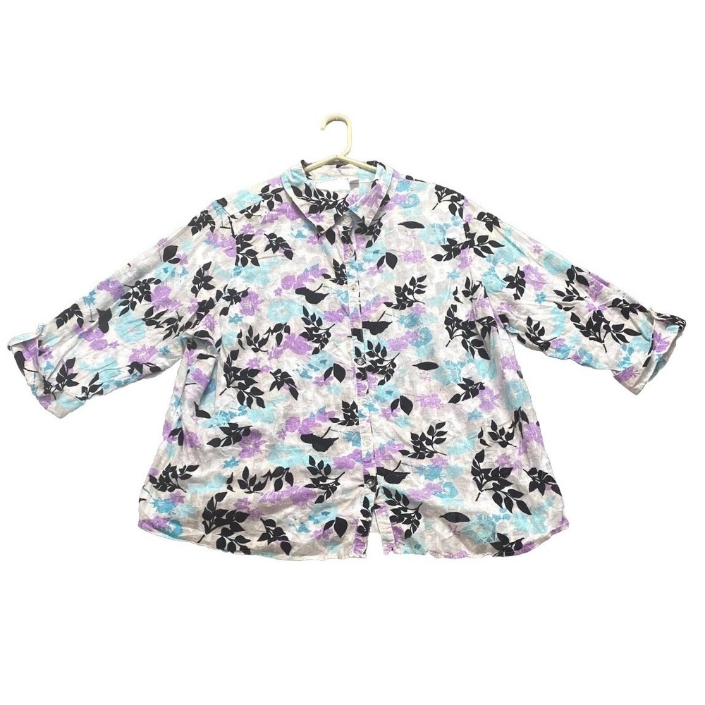 Breckenridge Shirt Womens 3X Multicolor Floral Cotton Roll Tab Sleeve Button Up